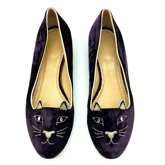 Charlotte Olympia Kitty Cat Purple Velvet Flats Loafers Gold, EU 39 US 8.5-9 - Picture 5 of 13